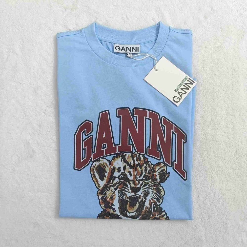Ganni Light Blue Tee with Maroon Logo Cheetah graphic T-shirt - Have a Nice Day